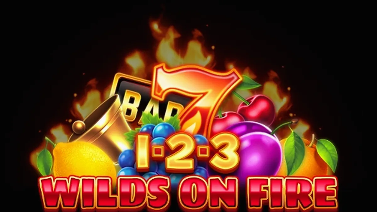 Interface do jogo de slot 1-2-3 Wilds on Fire com símbolos de frutas e fogo