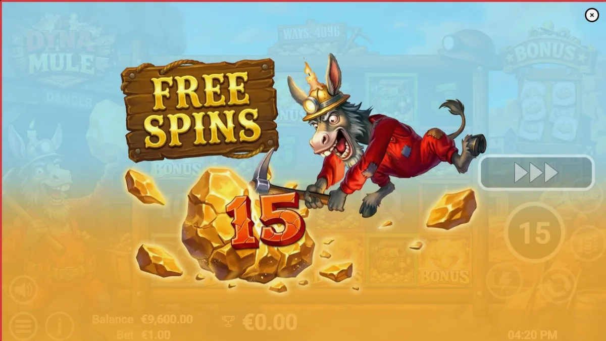 Interface do slot Dyna Mule com elementos temáticos de mineração e explosivos